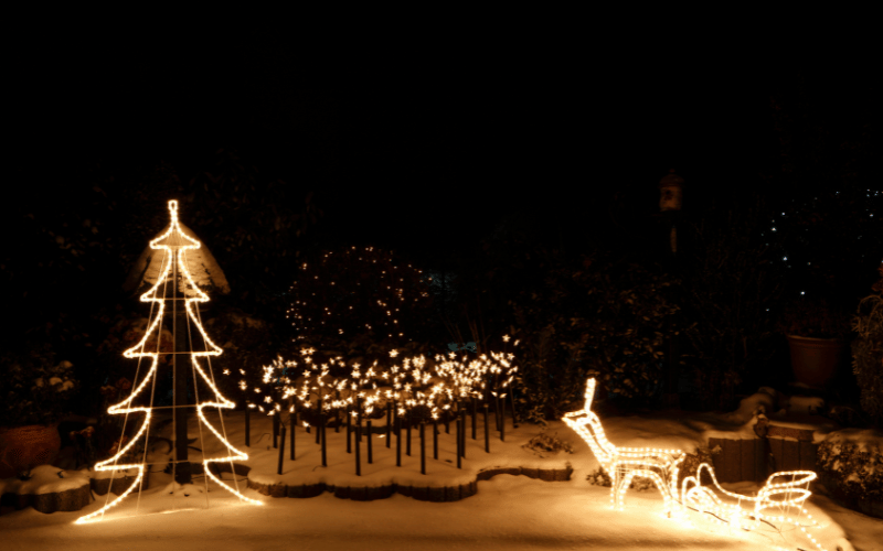 Premium exterior holiday lighting of Christmas tree and reindeer pulling sleigh 