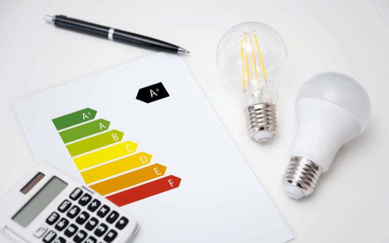 Image with white calculate flat laid over energy efficiency colored scale on 8.5x11 white paper with A+ rating beside two old fashioned lightbulbs laying on white table