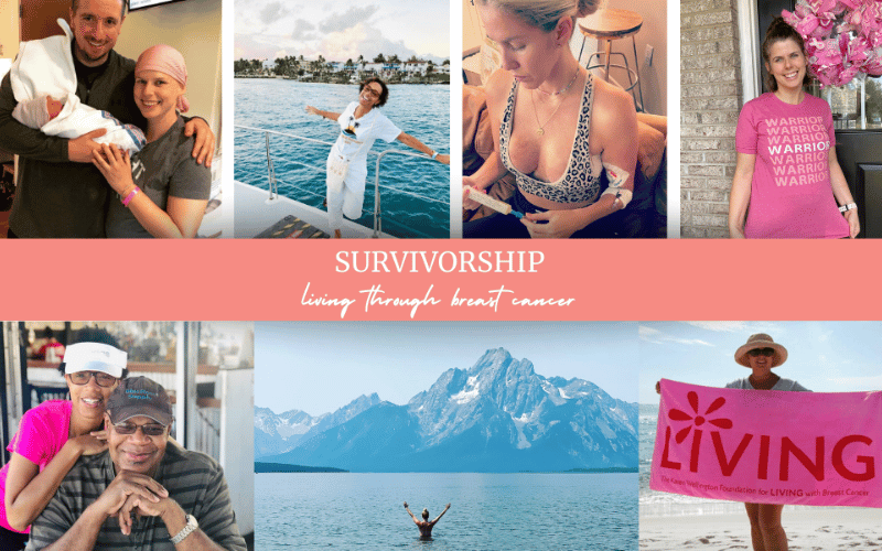 a collage of 7 images showing families smiling and holding up a poster