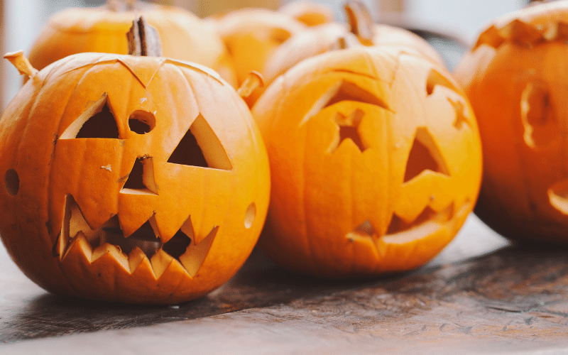 three small carved pumpkins with jagged mouth