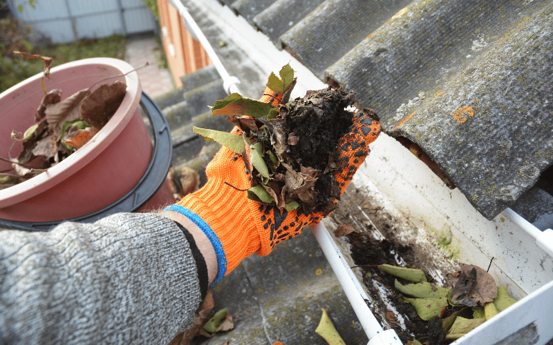 grey sweater arm and neon orange glove holding leaves cleaning white gutters with grey shingles