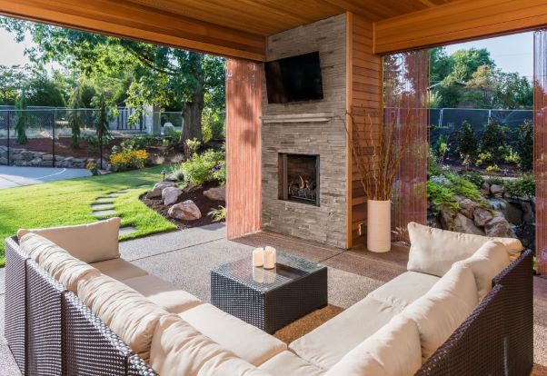 Outdoor patio with fireplace 