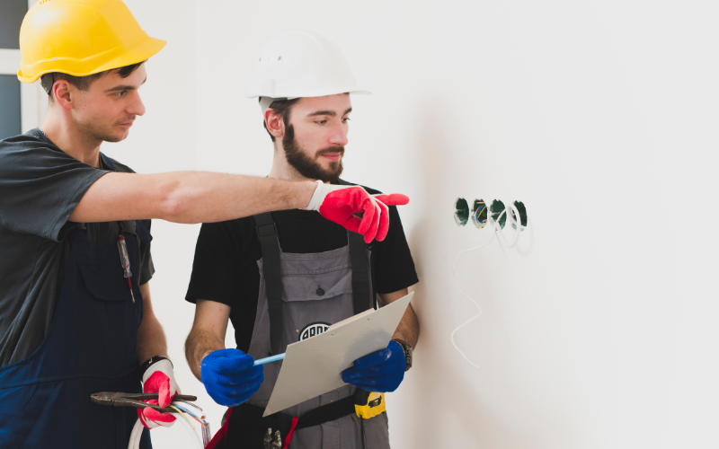 Two electrician men pointing at holes in the wall with electrical wires wearing protective gloves and wearing hardhats 