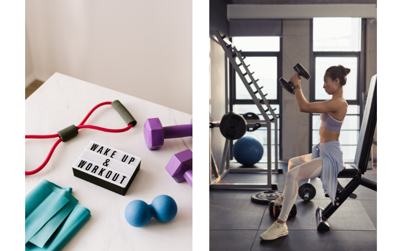 Split screen of bright colored exercise bands and a sign reading 