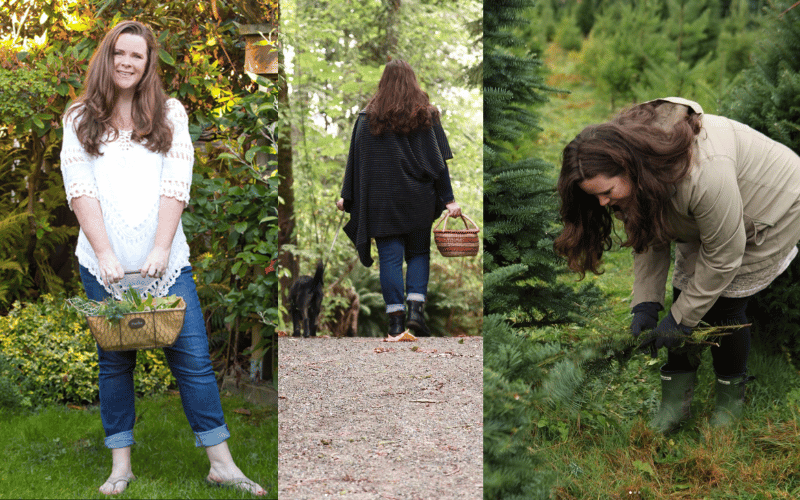 3 images of Stephanie from garden therapy. Left to right: stephanie wearing nice white blouse and jeans holding basket of picked flowers. Stephanie walking away from camera walking dog wearing black shawl. 
