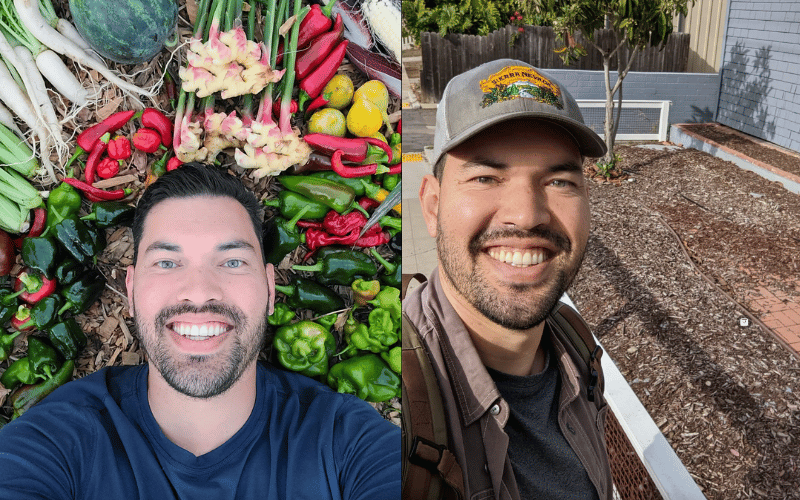 two split screen selfies of Kevin interacting with his vegetable garden and soil 