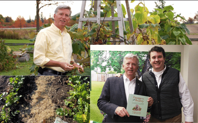 Collage of images of Mark Cullen. One image holding his book Escape to Reality with his son Ben