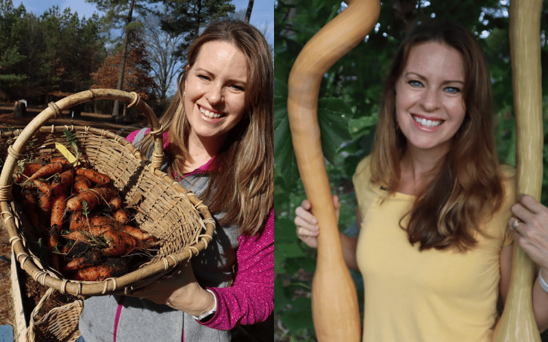 Jill McSheehy split images - on left holding basket of garden picked carrots and on right standing between two large hanging squash