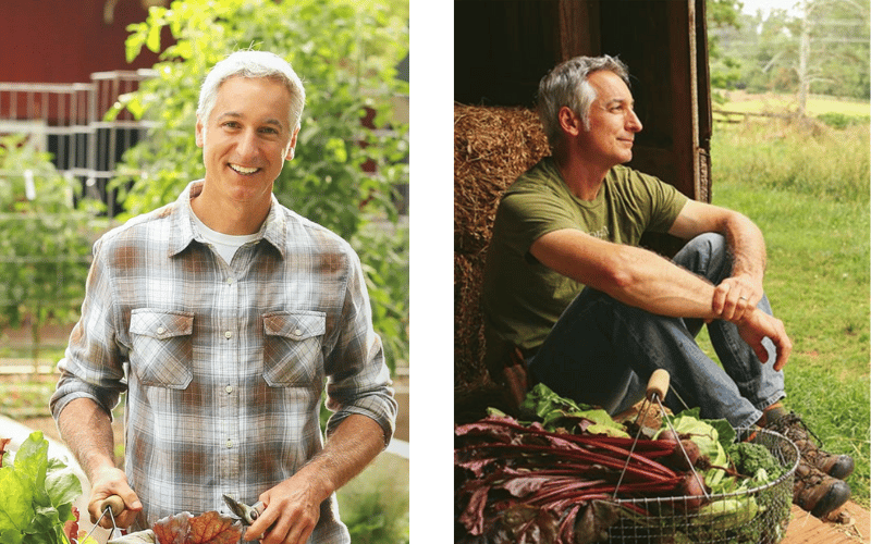 Split screen of Joe gardener smiling headshot beside Joe wearing green shirt sitting on ground looking off into distance