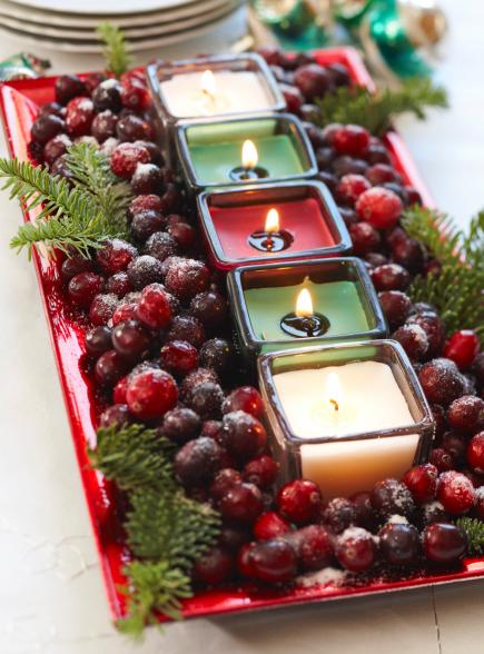 Cranberries and Votives in a Serving Dish