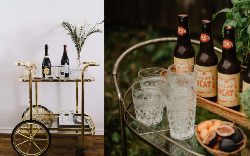 split screen of fancy bar cart interior against white wall and outdoor bar cart with glasses and beer and figs