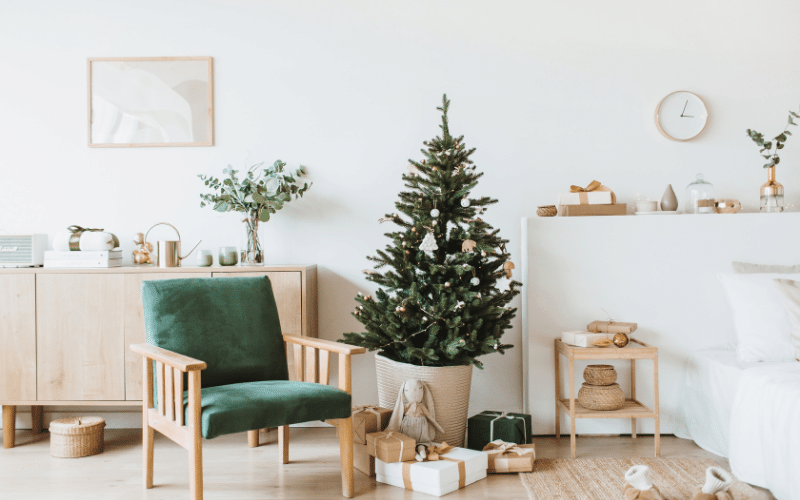 Christmas Tree in basket on hardwood floor with gifts underneath beside white couch and wooden and green cushion chair