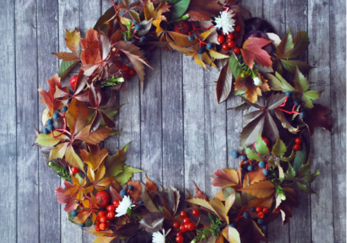 DIY Fall Wreath with leaves, garland and grapevine wreath