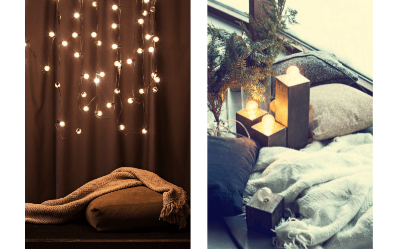 split screen images of hanging white christmas lights and fake candles in comfortable area with pillows and blankets