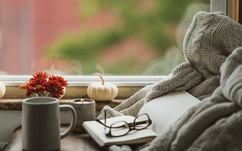 Great blanket with open book and black glasses in window next to mini white pumpkin , small red mum flowers and grey tea cup