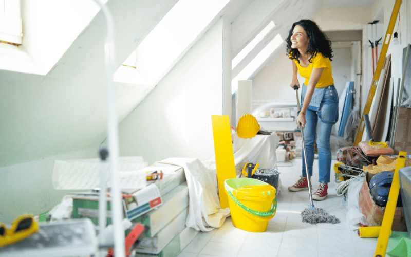 Woman mopping and organizing an attic