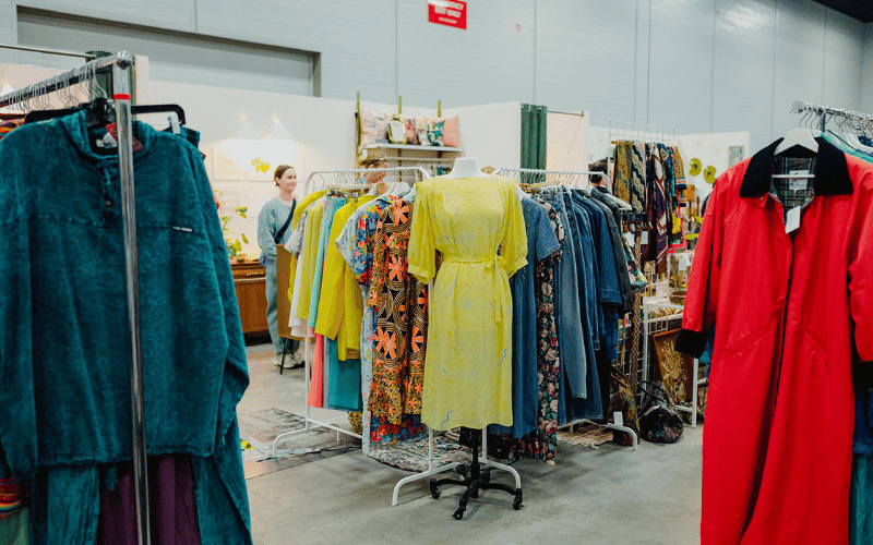 Brightly coloured vintage dresses in blue, yellow and red