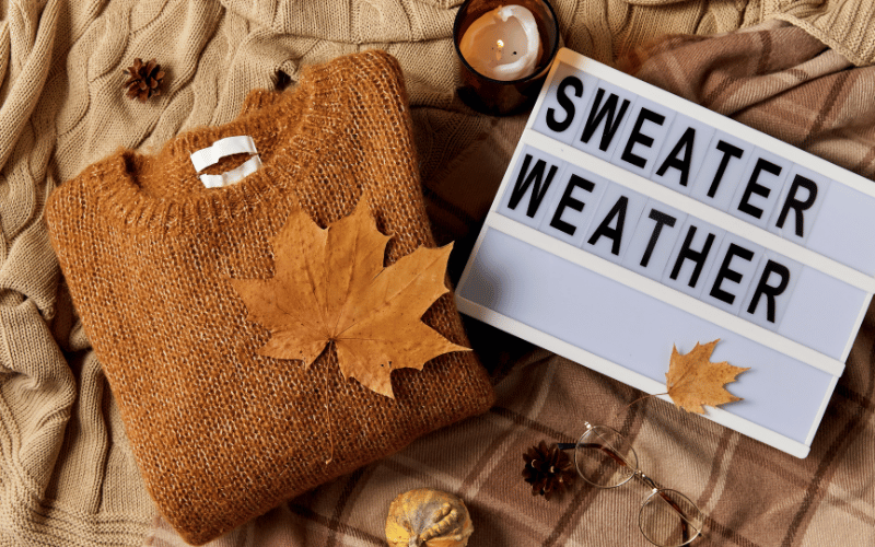 Brown fall sweater with big orange maple leaf on top next to movie theatre handheld sign