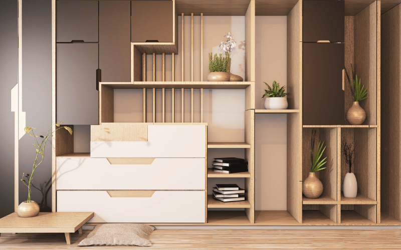 full wall mixed storage with full width horizontal drawers beside open concept vertical wooden compartments 
